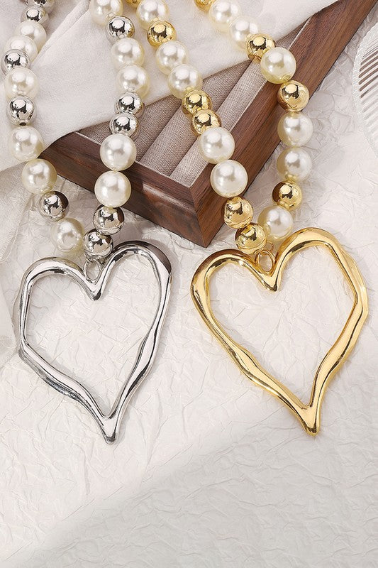 Pearl Beaded Heart Charm Necklace