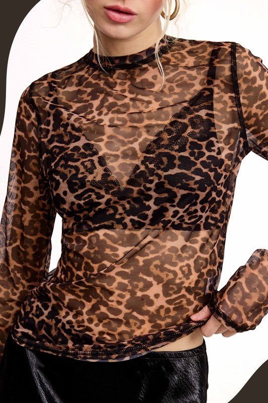 Semi Sheer Leopard Printed Long Sleeve Mesh Top
