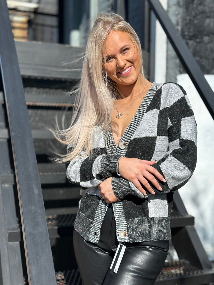 Checkered Drop Shoulder Buttoned V Neck Cardigan