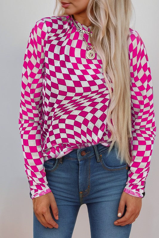 Checkered CROCHET Mesh Long Sleeve Top