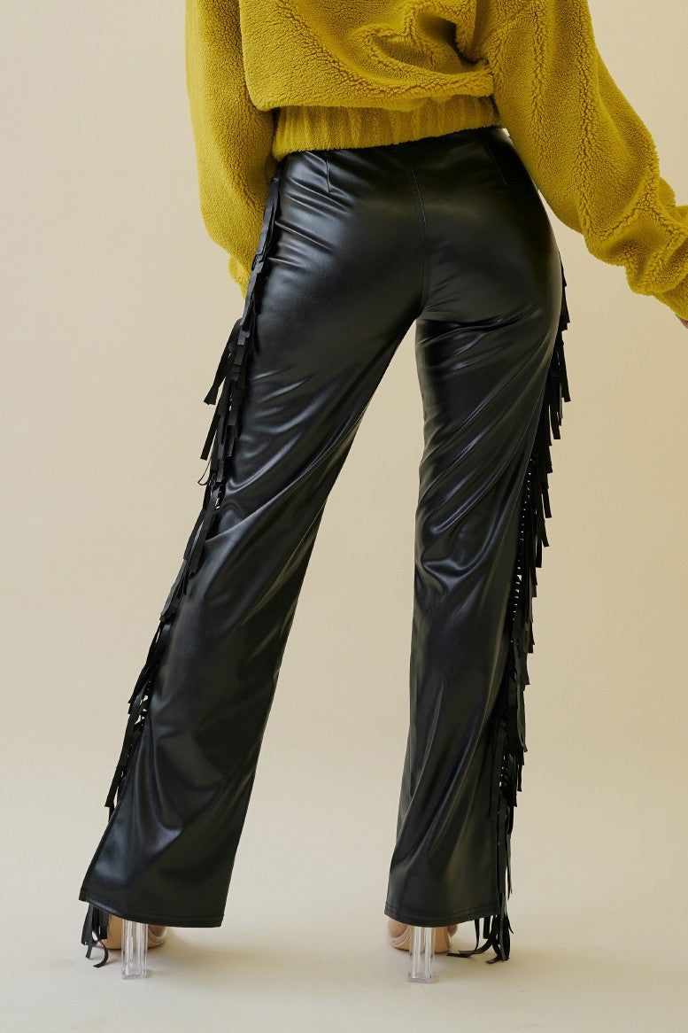 Faux Leather Side Fringe Bell Bottom Pants