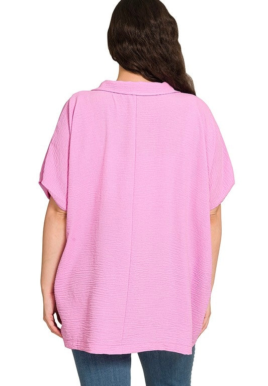 Plus Woven Airflow Collared V Neck Short SLV Top