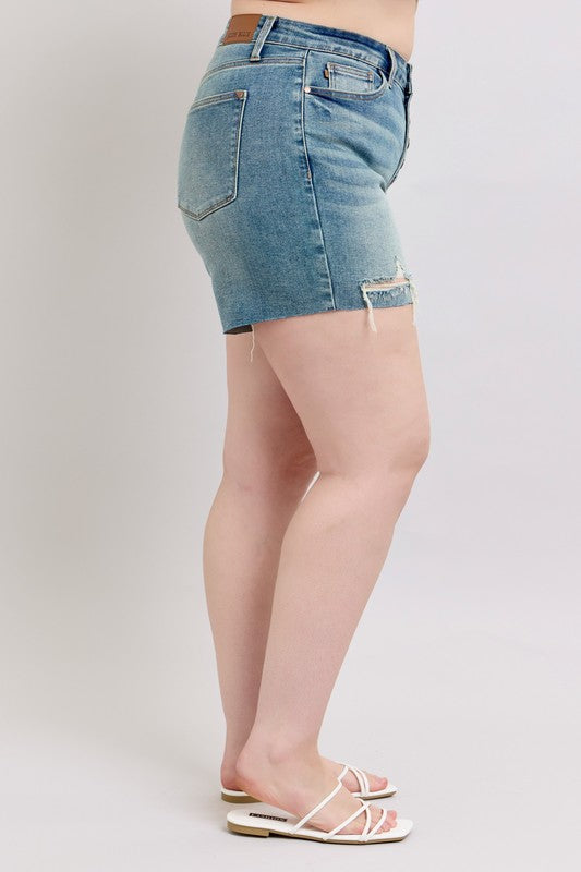 Plus Judy Blue Vintage Wash Button Fly & Destroy Shorts