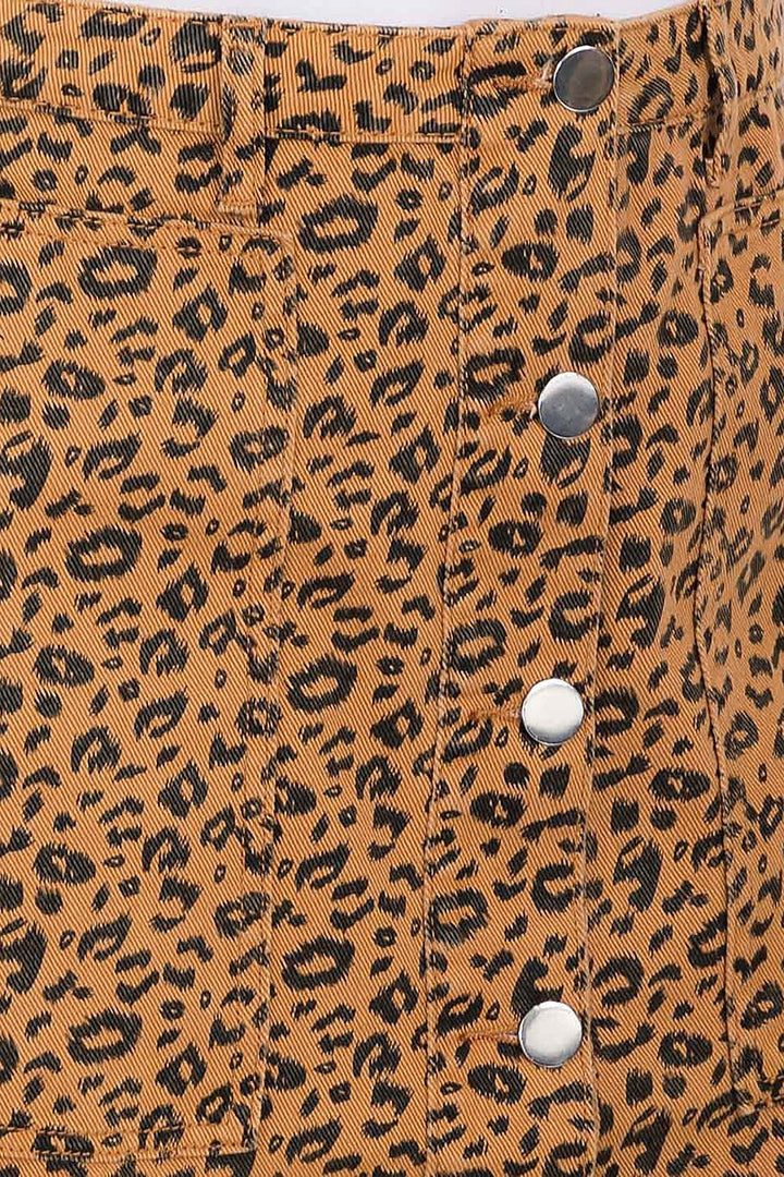 Plus Button Up Pockets Animal Print Denim Mini Skirt
