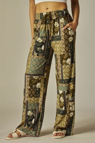 Collage Print Rib Drawstring Pocket Wide Leg Pants
