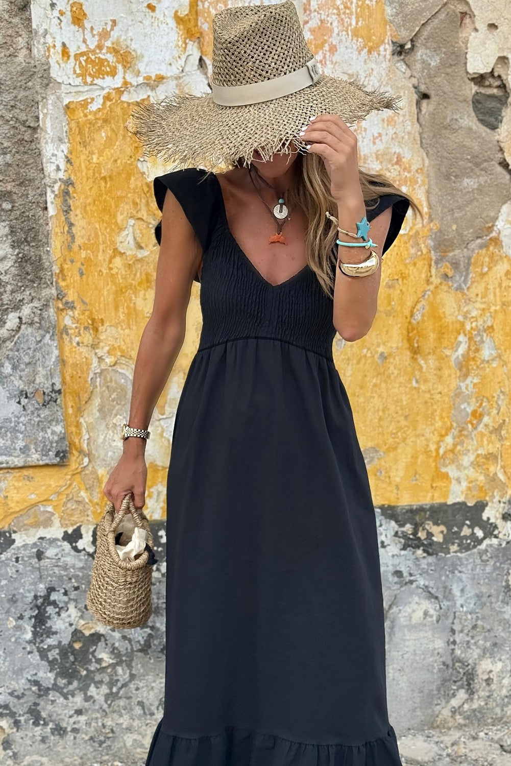 Smocked Bodice High Waist Maxi Ruffle Dress