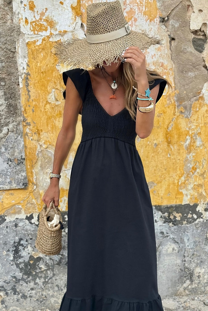Smocked Bodice High Waist Maxi Ruffle Dress
