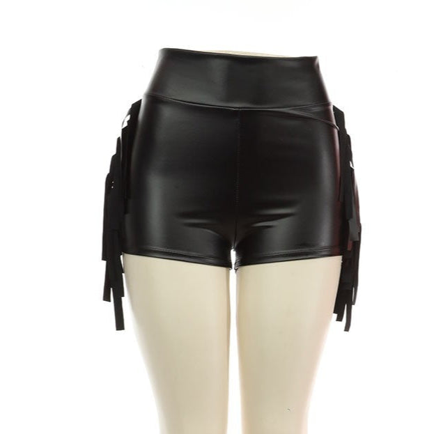 High Waist Short Pants Pu Leather With Fringe