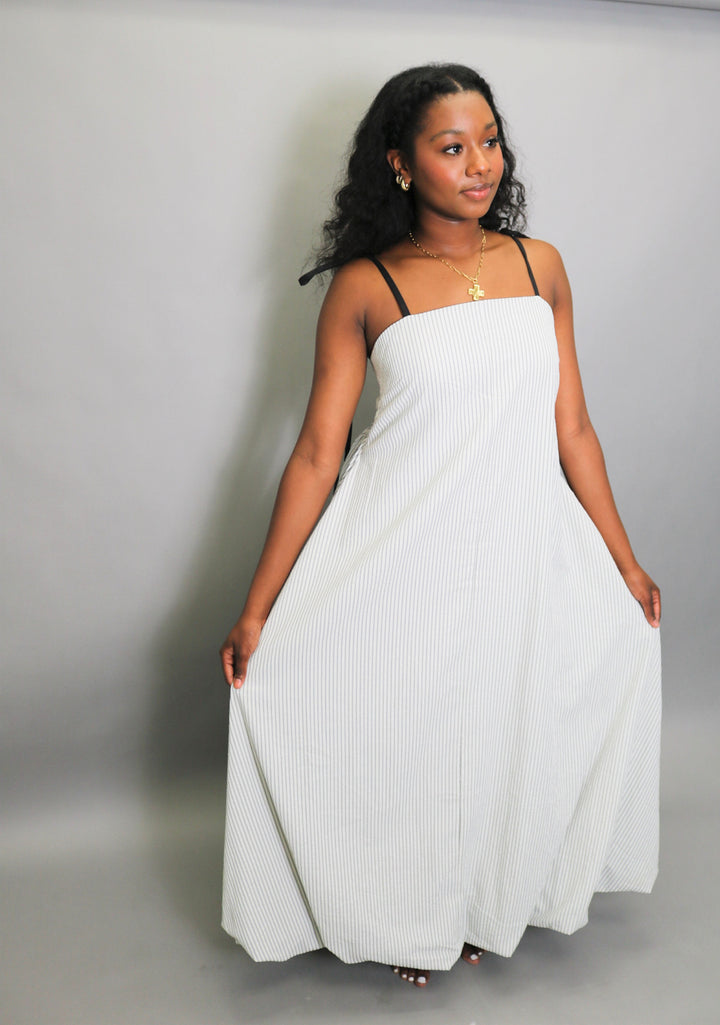 Textured Stripe Bubble Hem Tie Shoulder Mid