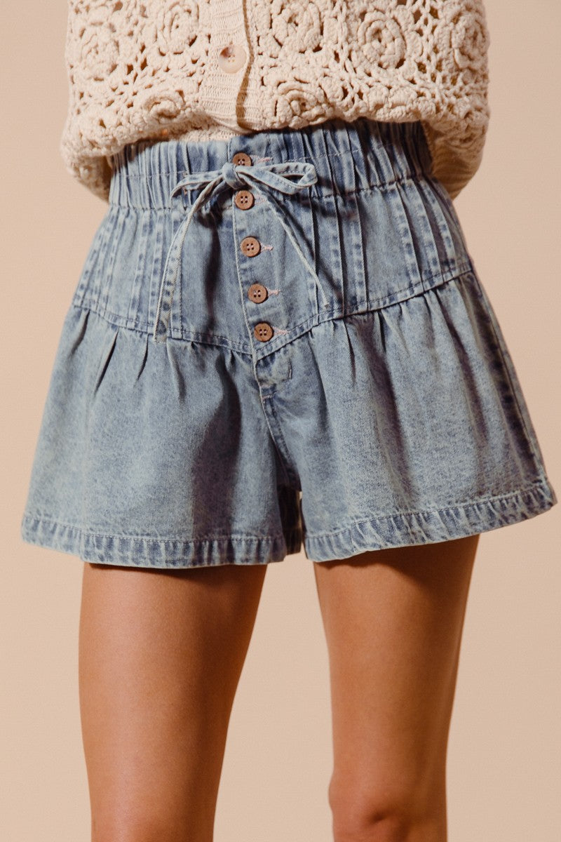Flared Denim Shorts with Drawstring