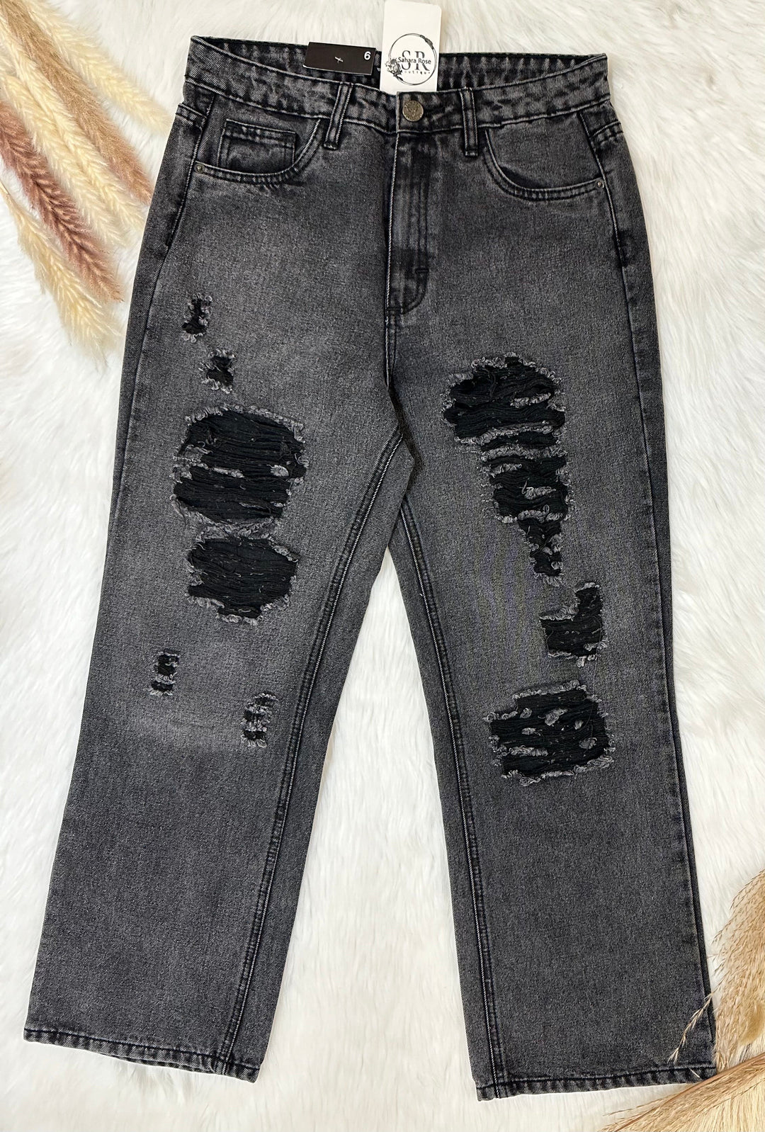 L&B Gray Acid Wash Distressed Ankle Flare Jeans