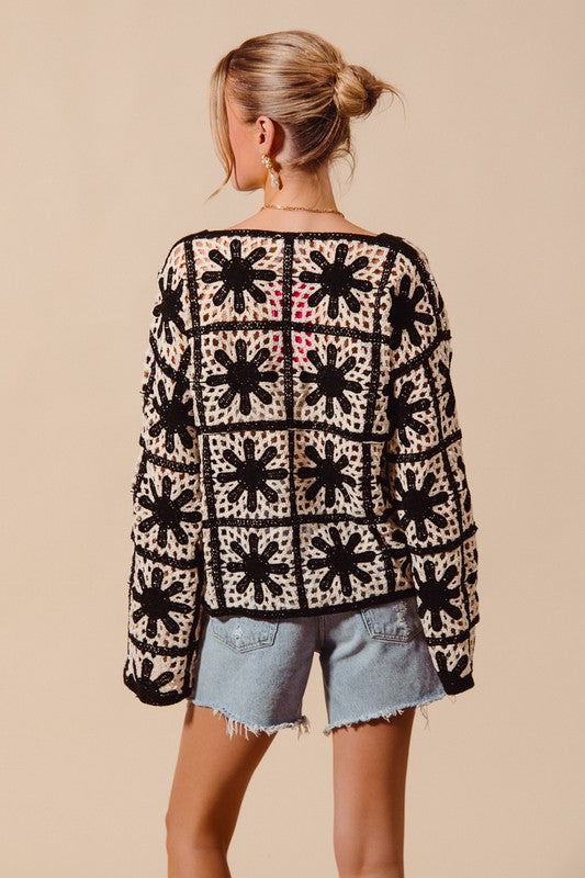 Flower Pattern Crochet Knit Loose Fit Top