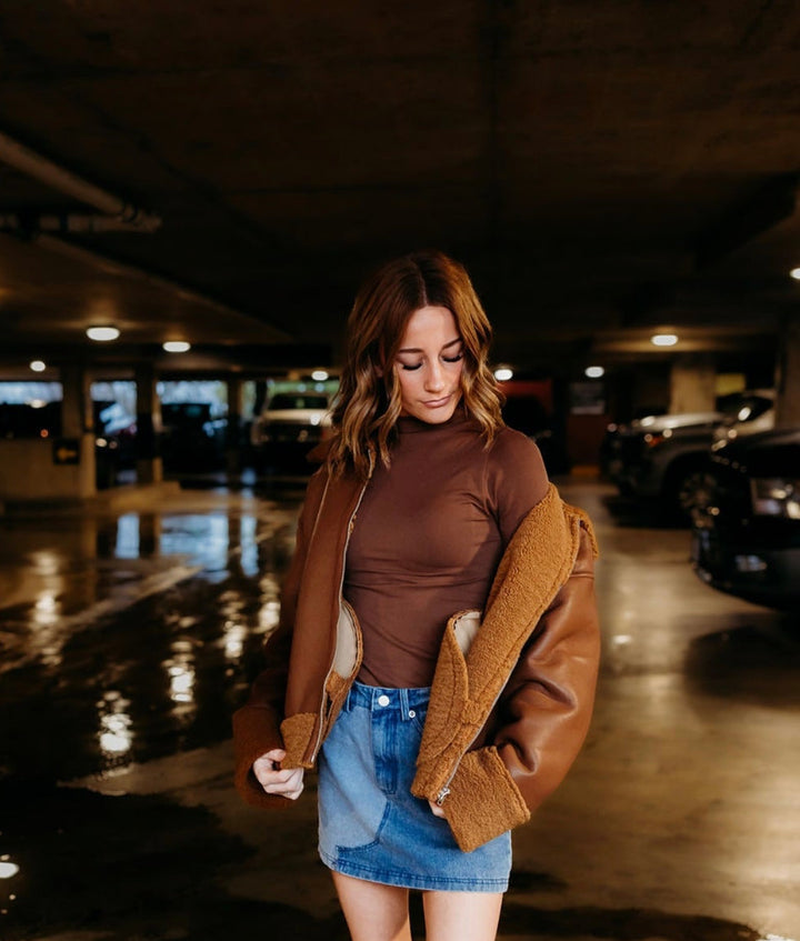 Zipper Front Shearling Faux Leather Jacket