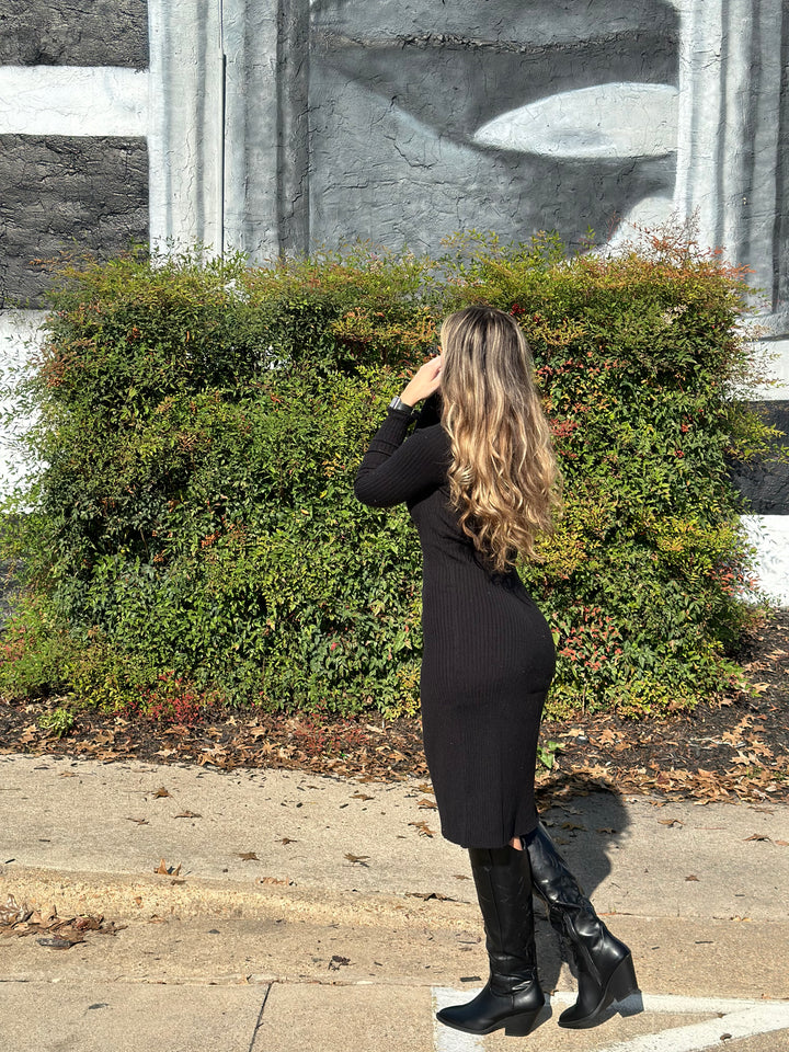 Ribbed Knit Half Button Shirt Midi Dress