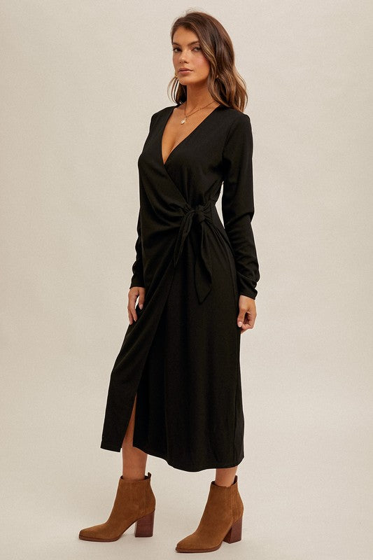 Tie Waist V-Neck Surplice Ribbed Midi Wrap Dress