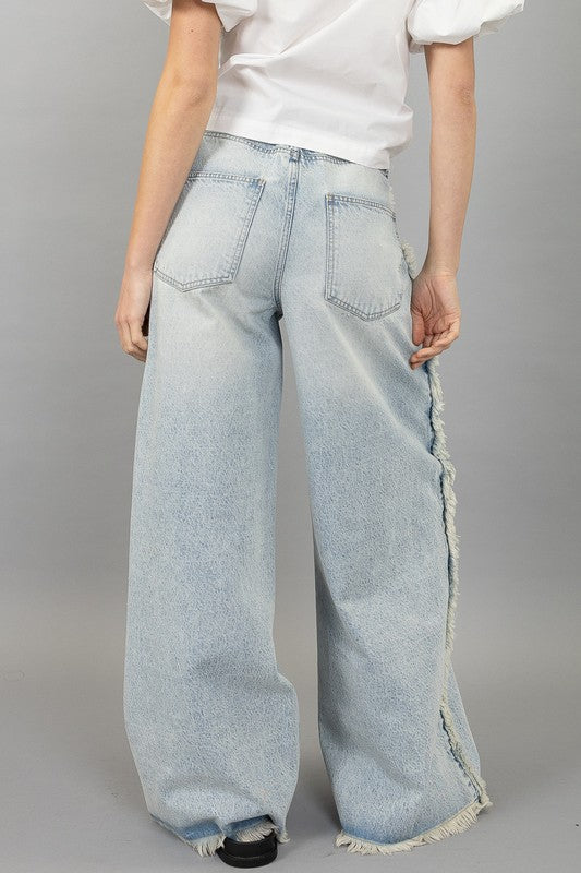 Frayed Waist & Seam Detail Washed Denim Pants