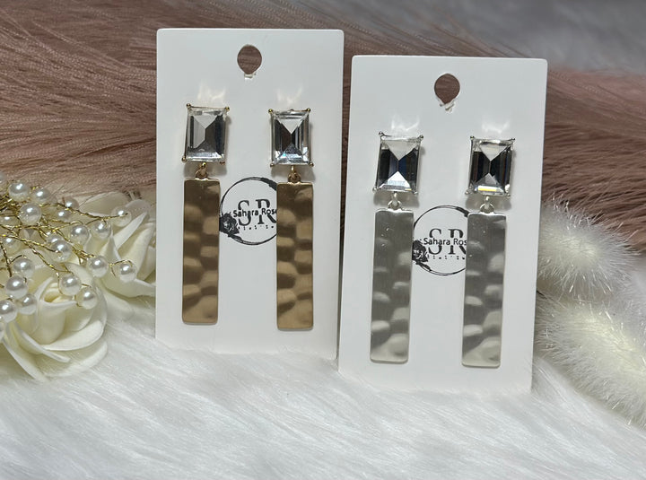 Large rhinestone matte metal rectangle statement dangle earrings