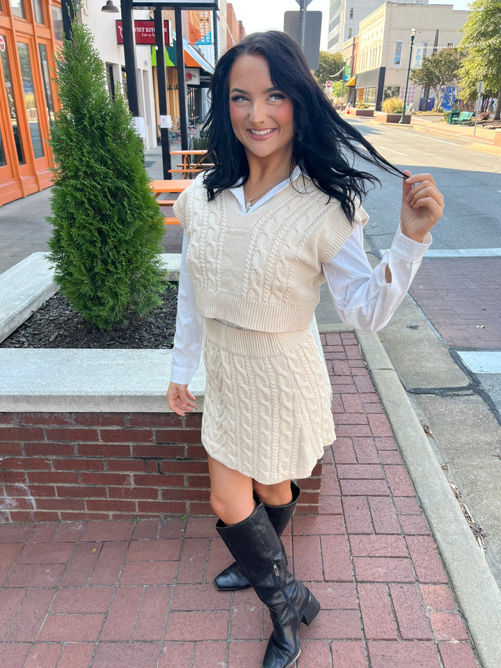 V-Neck Sleeveless Top And Mini Skirt Sweater Set