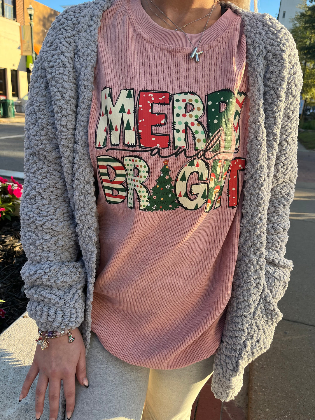 Merry Christmas Tree Print Ribbed Sweatshirt