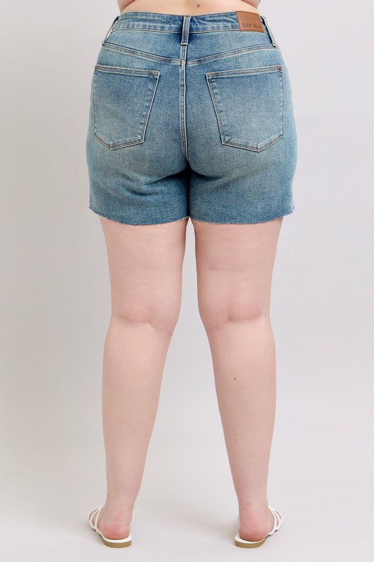 Plus Judy Blue Vintage Wash Button Fly & Destroy Shorts