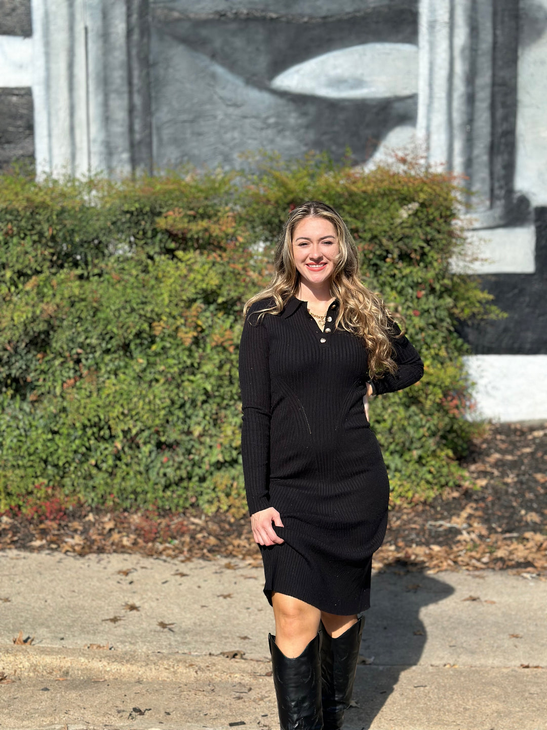 Ribbed Knit Half Button Shirt Midi Dress
