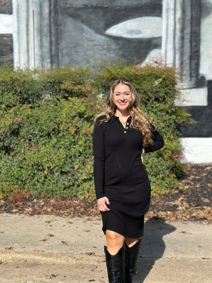 Ribbed Knit Half Button Shirt Midi Dress