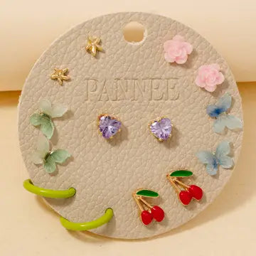 Flower Cherry And Butterfly Mixed Stud Earrings Set