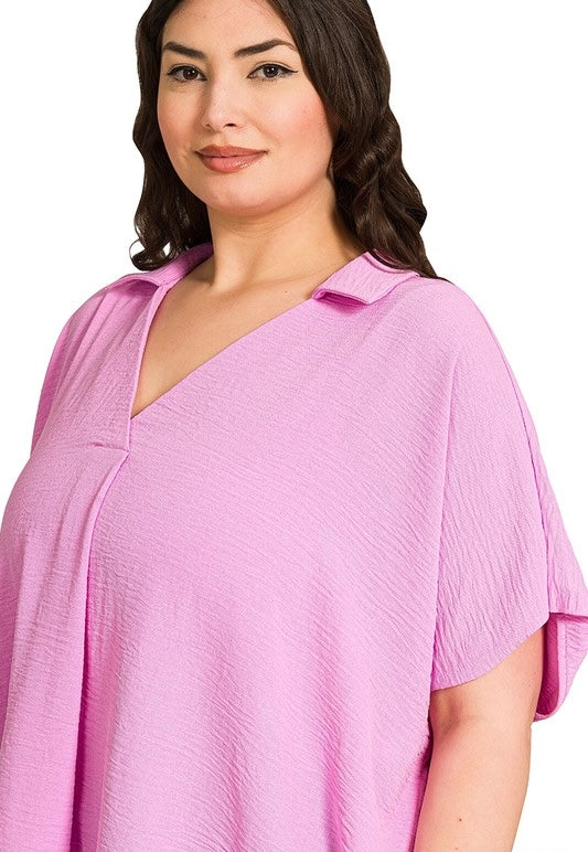 Plus Woven Airflow Collared V Neck Short SLV Top