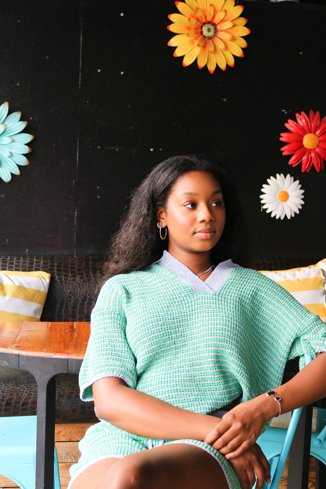 Stripe Knitted Polo Collar Top And Shorts Set