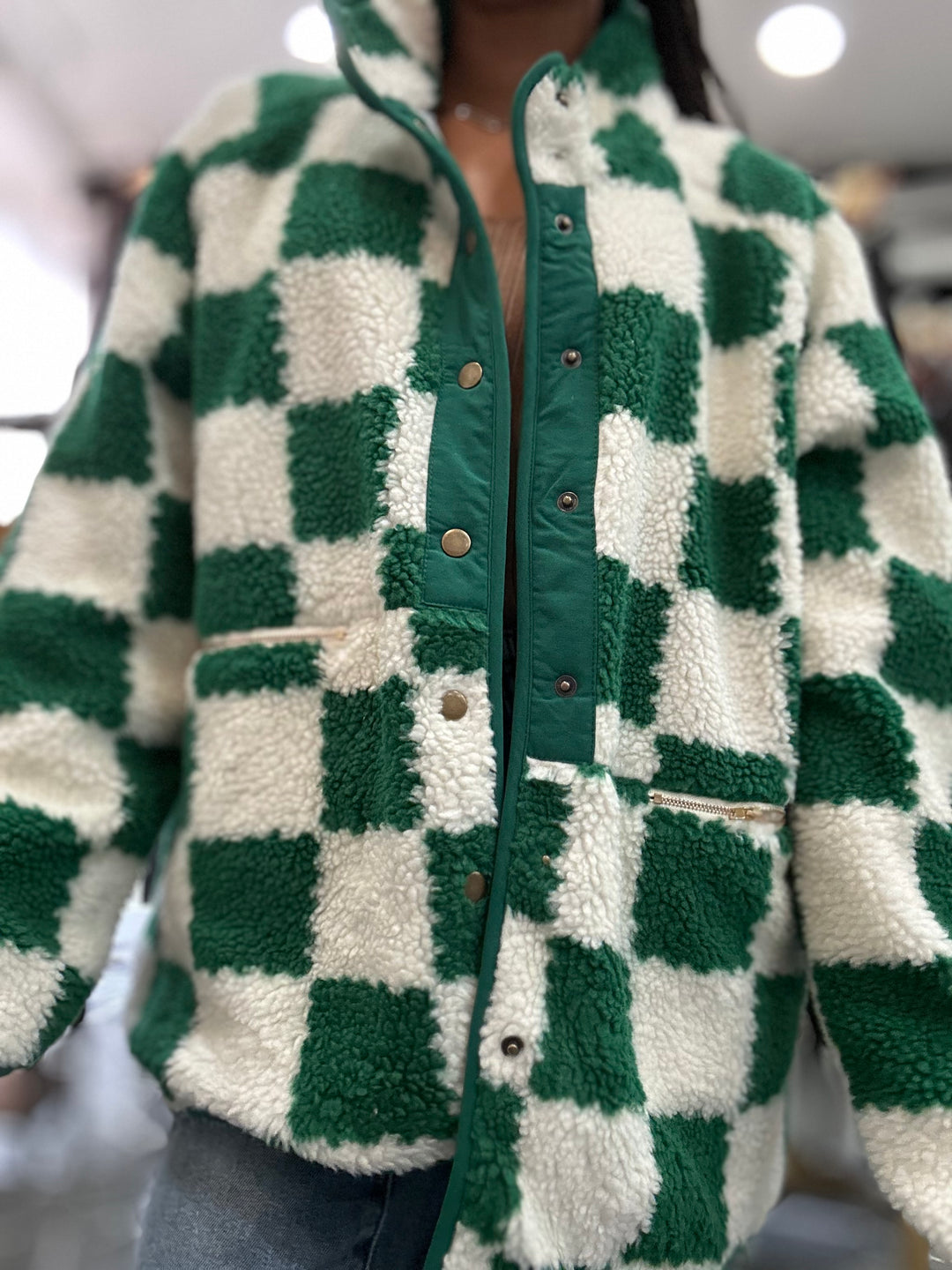 Plus Checked Snap Button Sherpa Jacket