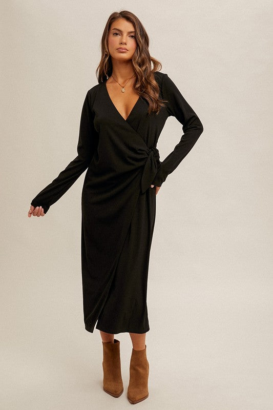 Tie Waist V-Neck Surplice Ribbed Midi Wrap Dress