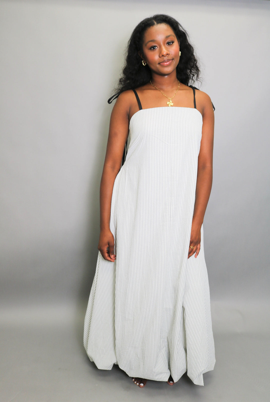 Textured Stripe Bubble Hem Tie Shoulder Mid
