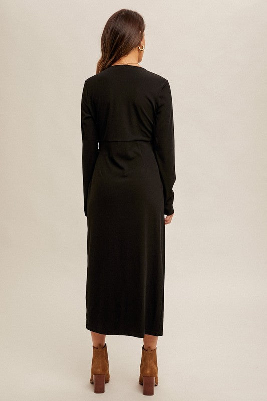 Tie Waist V-Neck Surplice Ribbed Midi Wrap Dress