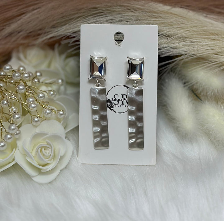Large rhinestone matte metal rectangle statement dangle earrings