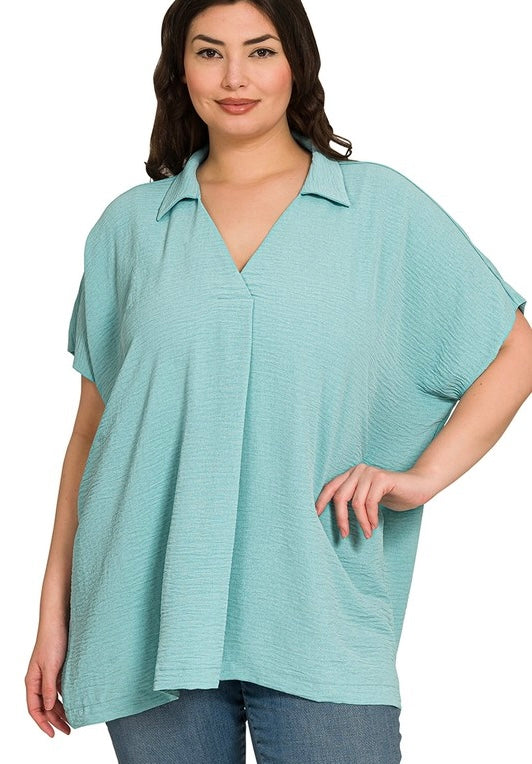 Plus Woven Airflow Collared V Neck Short SLV Top