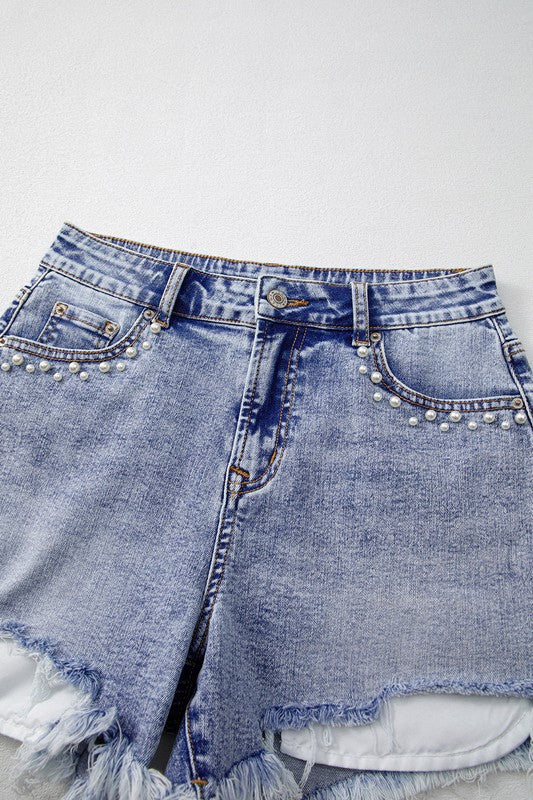 Pearl Studded Pockets Raw Hem Denim Shorts