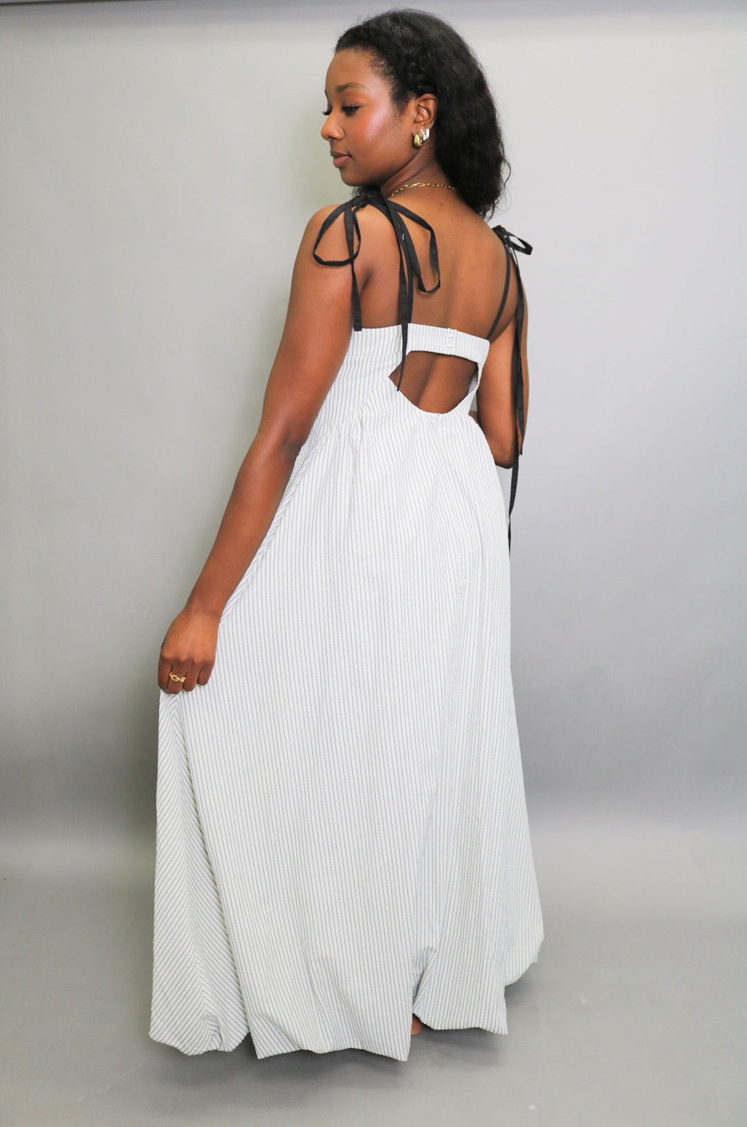 Textured Stripe Bubble Hem Tie Shoulder Mid