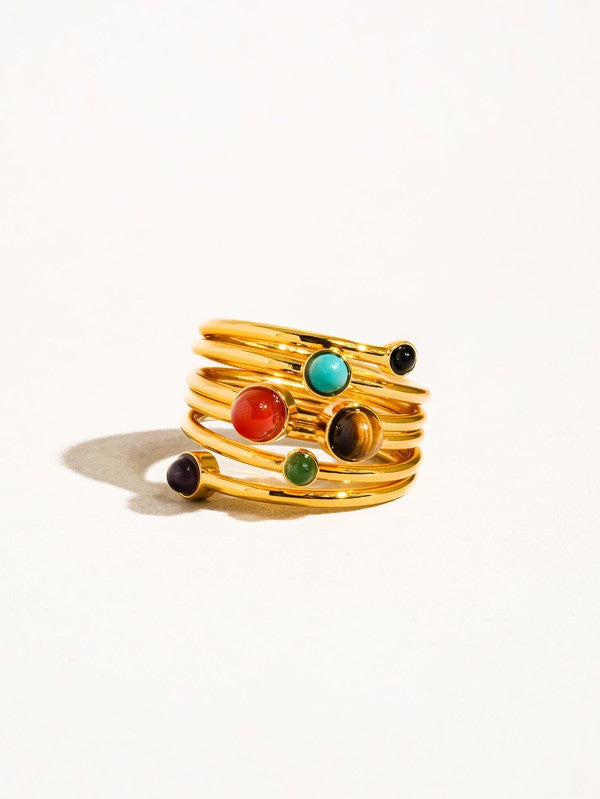 18K Gold Multi Color Stone Layered Ring
