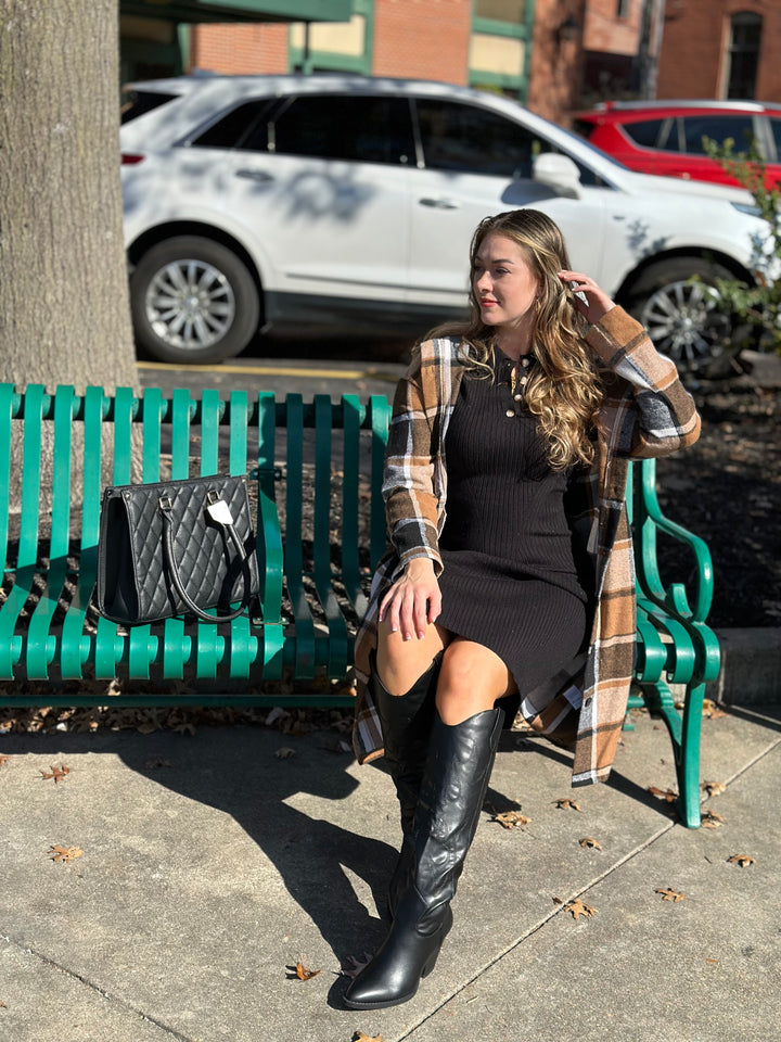 Ribbed Knit Half Button Shirt Midi Dress