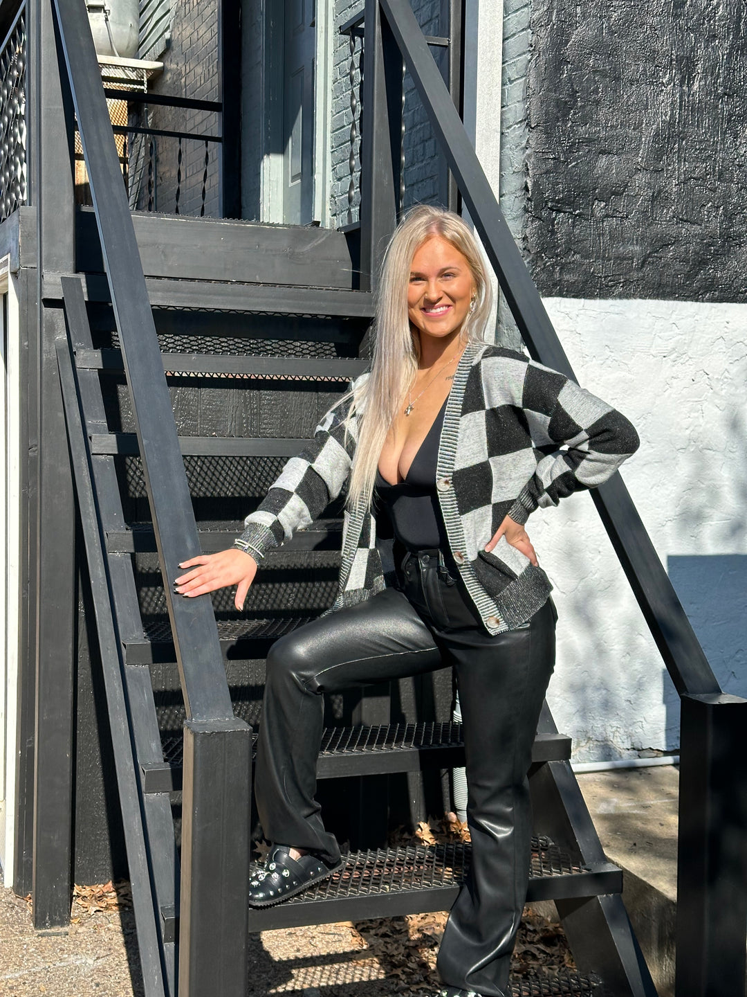 Checkered Drop Shoulder Buttoned V Neck Cardigan