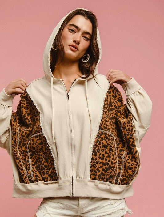 Washed Leopard & Oatmeal Denim Mix and Match Hoodie Jacket