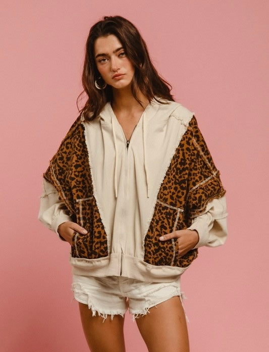 Washed Leopard & Oatmeal Denim Mix and Match Hoodie Jacket