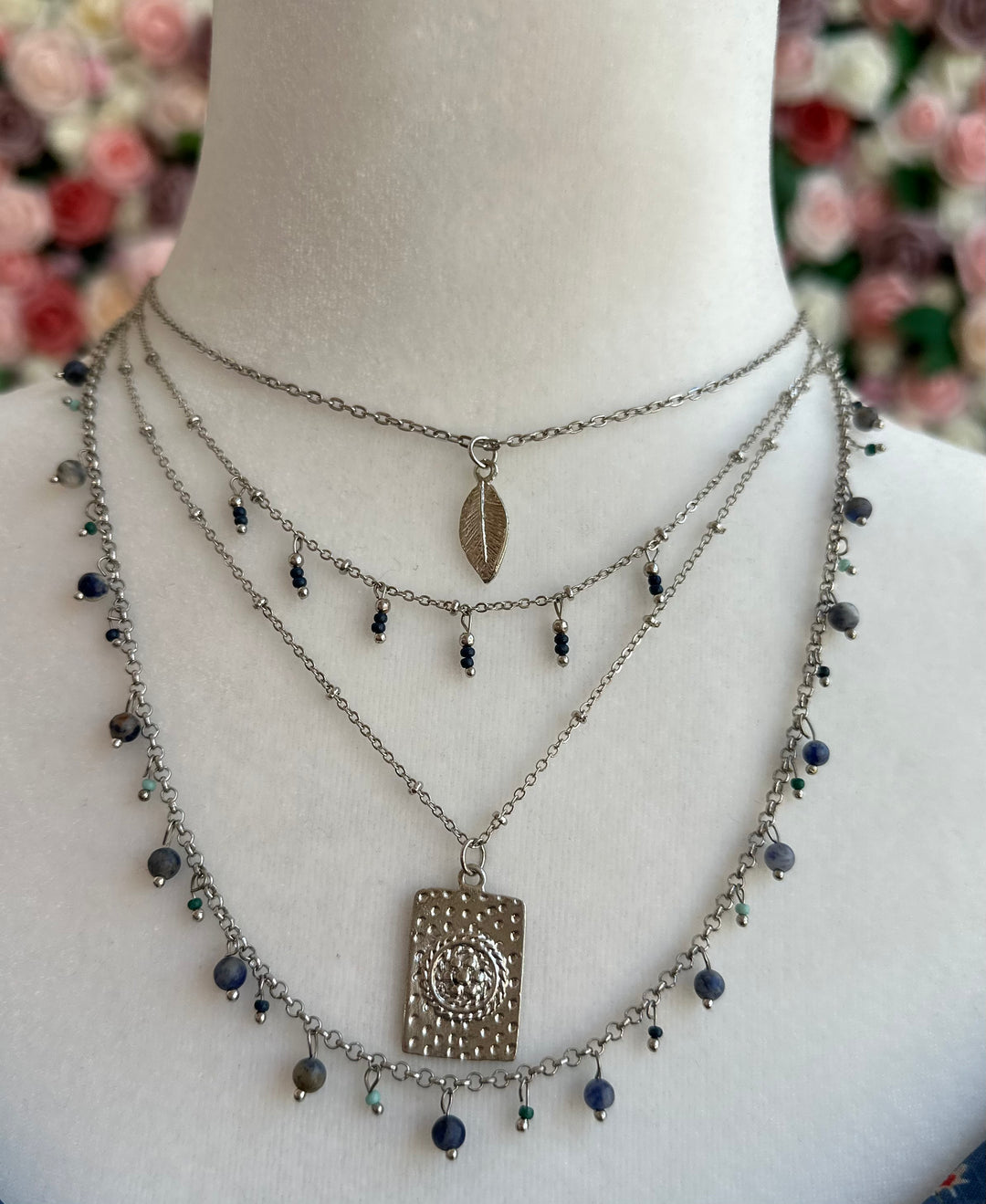 hippie lavender beads silver layered necklace