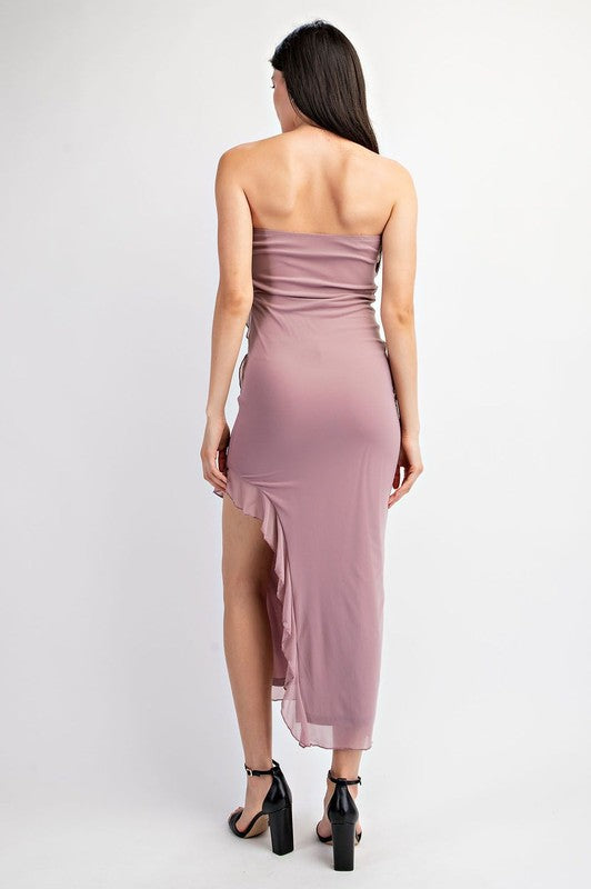 Strapless Knit Midi Dress W/ High Leg Slits & Ruf