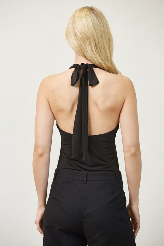 Deep V-Neck With Trim Halter Tied Knit Bodysuit