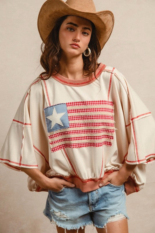 American Flag Patchwork Overlock Stitch French Terry Short Dolman Sleeve