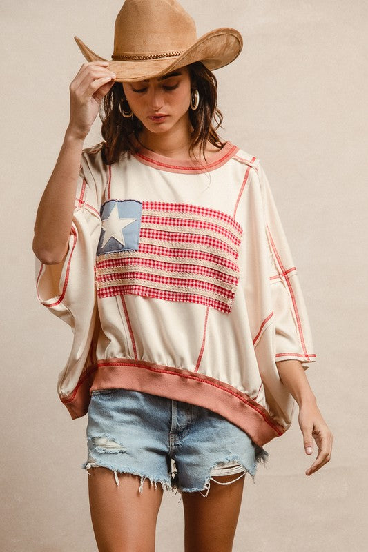American Flag Patchwork Overlock Stitch French Terry Short Dolman Sleeve