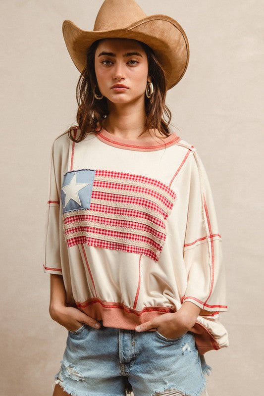 American Flag Patchwork Overlock Stitch French Terry Short Dolman Sleeve