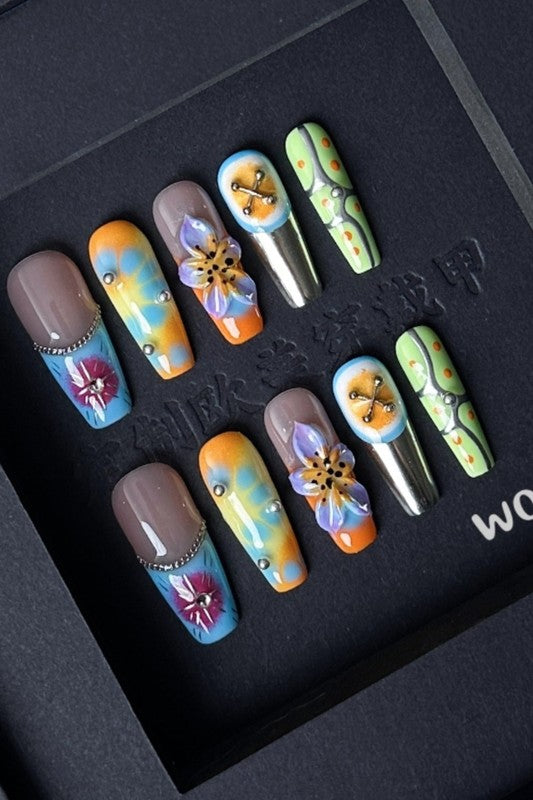 Floral Carved Almond Shape Nails Tips