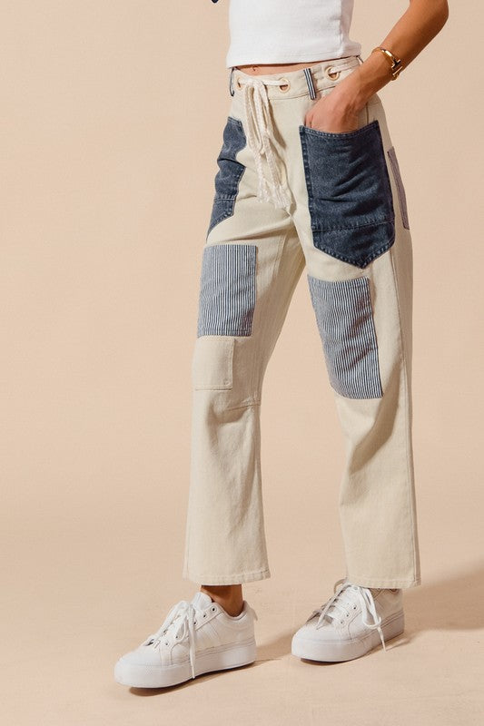 MID RISE PIN STRIPE PATCHWORK TWILL PANTS WITH DENIM POCKETS